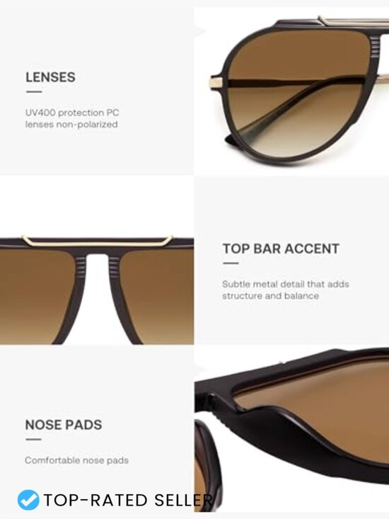 Retro Oversized Aviator Sunglasses Square Frame UV400 Protection Trendy Vintage